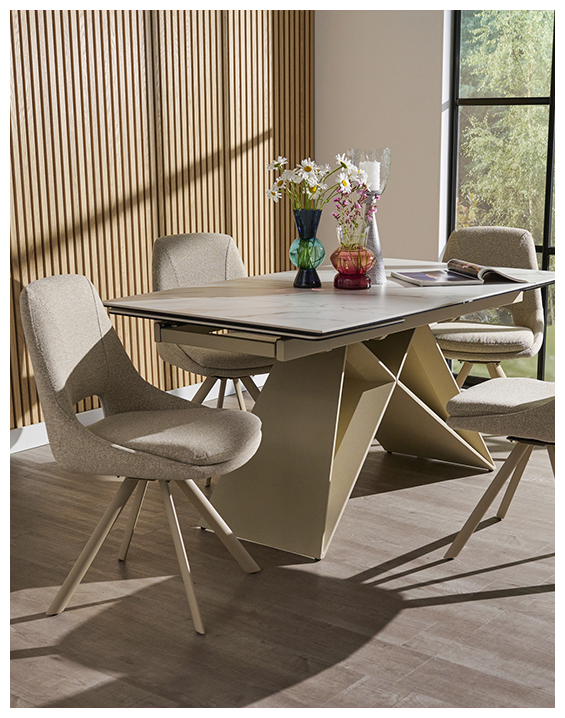 minerva beige ceramic top dining table with matching beige fabric dining chairs