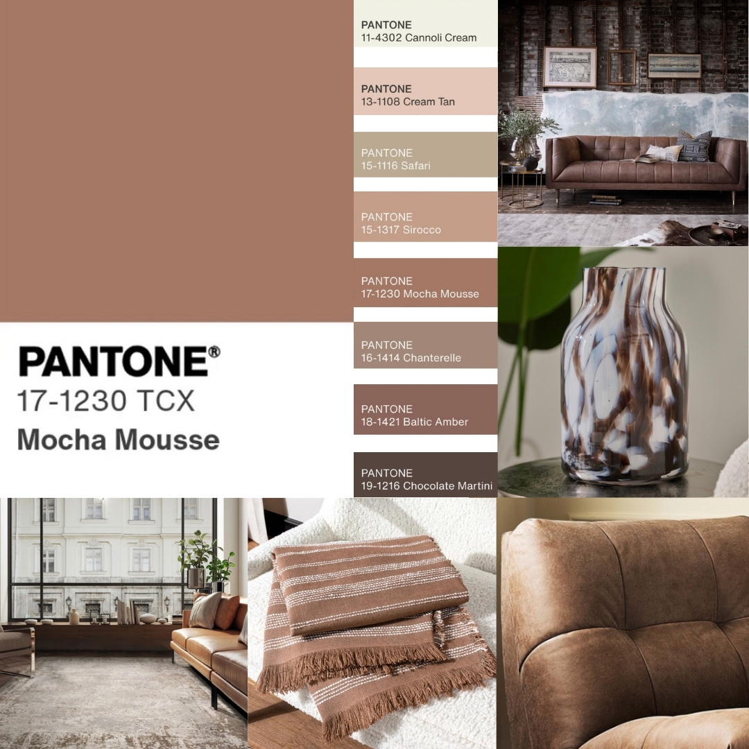 Collage of Pantones colour of the year swatches, Mocha Mousse furniture and Homewares 