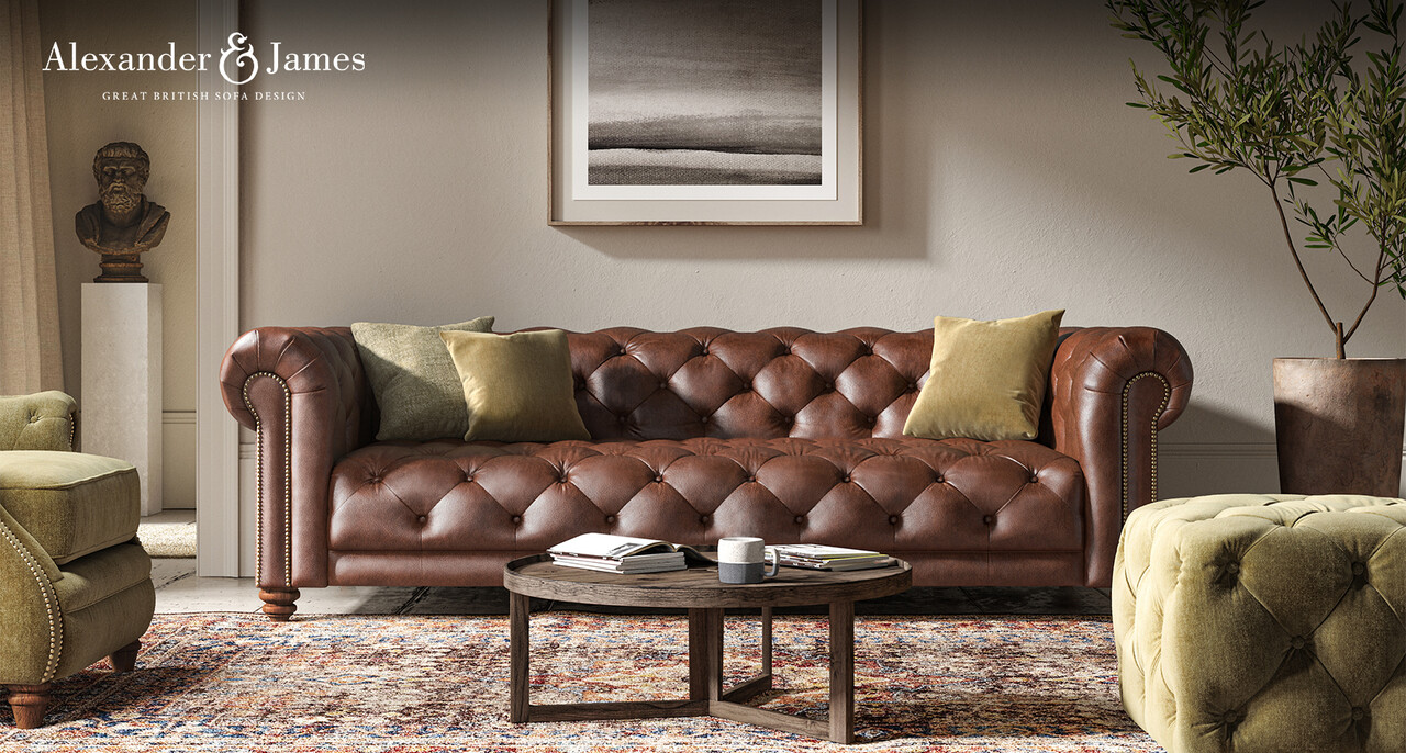 An image of the Alexander & James Stax Maxi Sofa in a brown leather set in a neutral-toned living room with a brown coffee table and matching green fabric furniture.