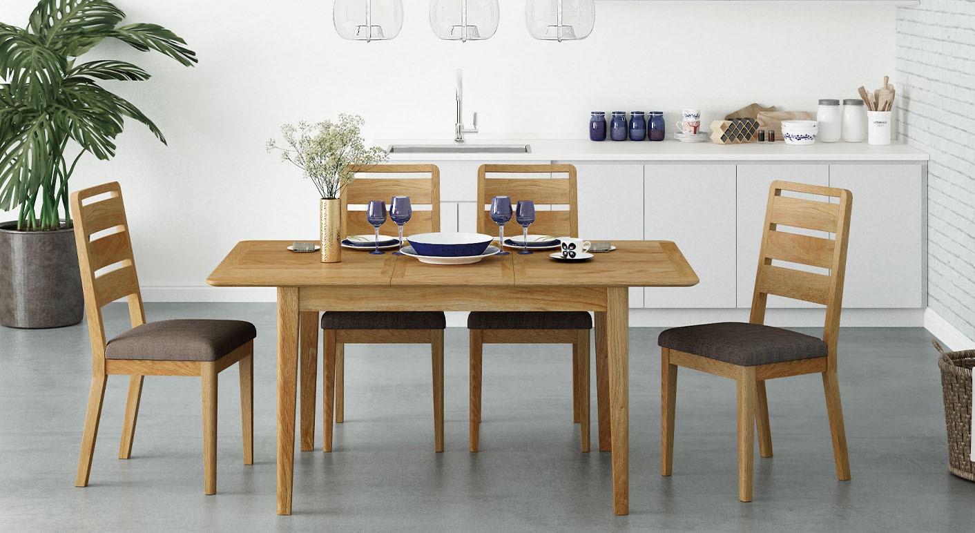 bexley modern oak dining set in a bright white kitchen