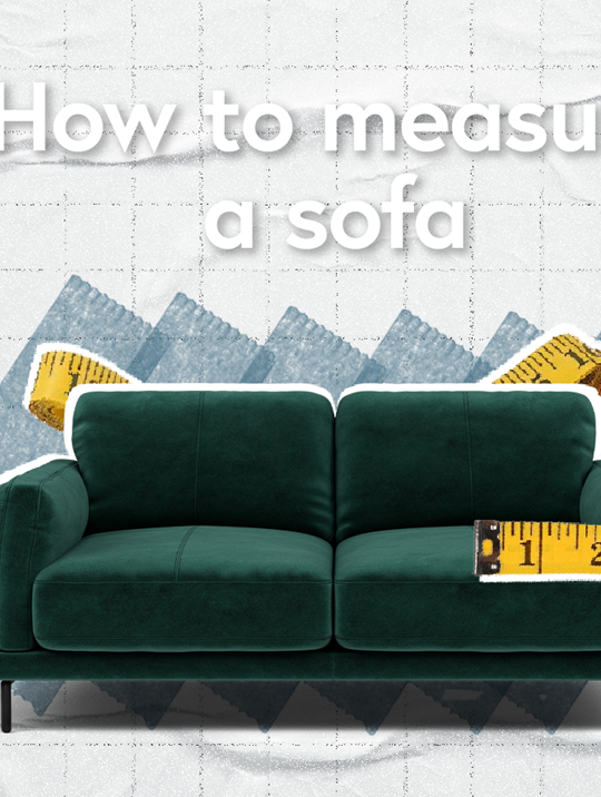 How to measure a sofa thumbnail illustrated with a dark green velvet sofa and a measuring tape