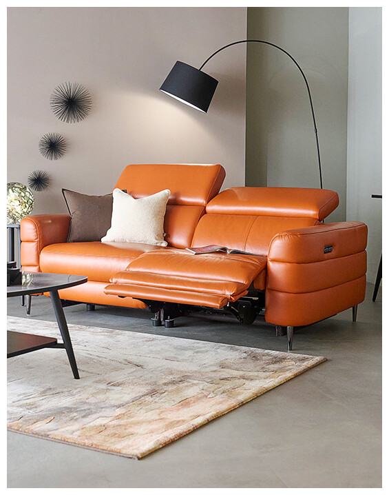 An image of the Hoy 3 Seater Recliner sofa in a rust-coloured leather.