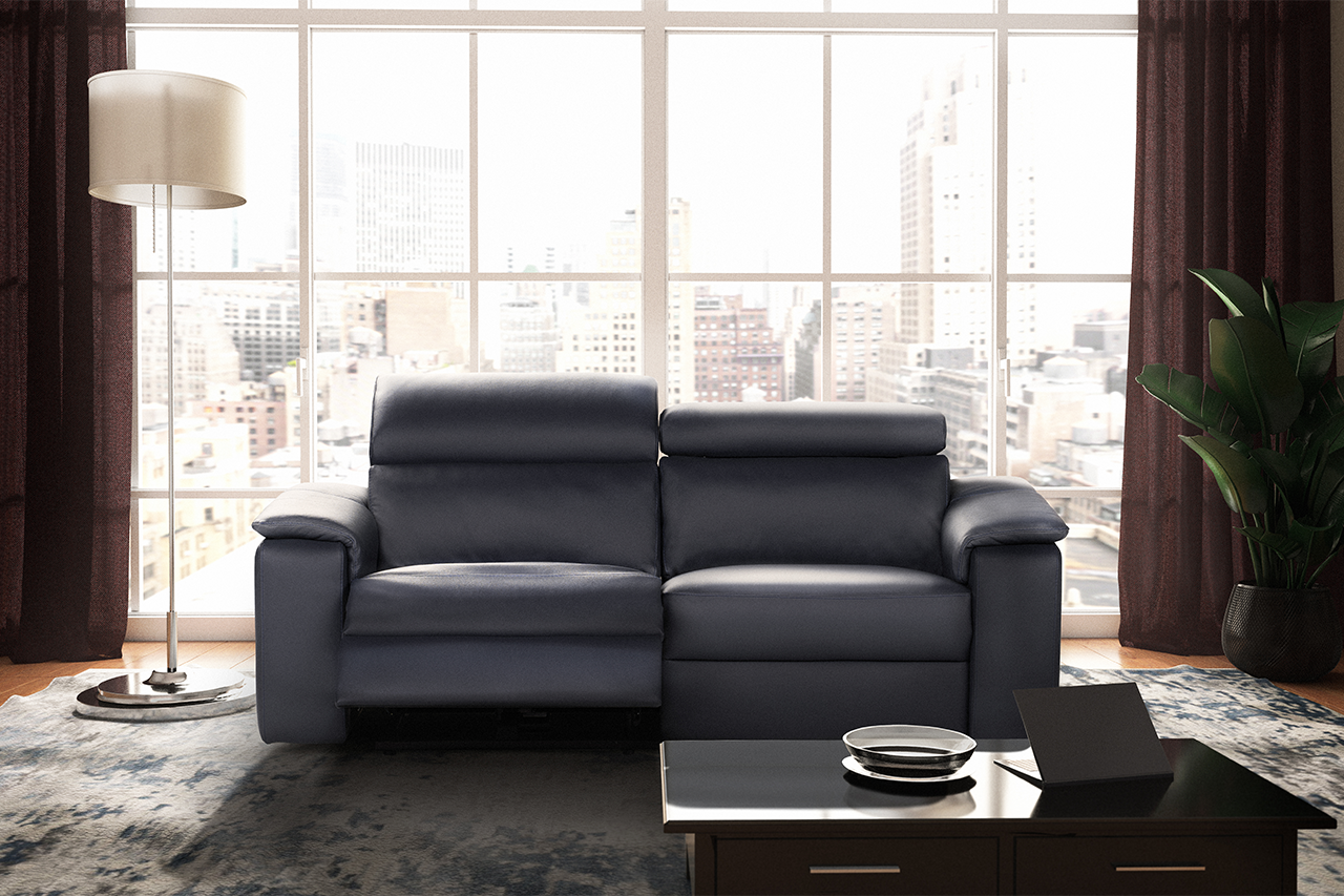 nicoletti blue leather 2 seater sofa in a blue themed living room with a view of the city skyline from the window