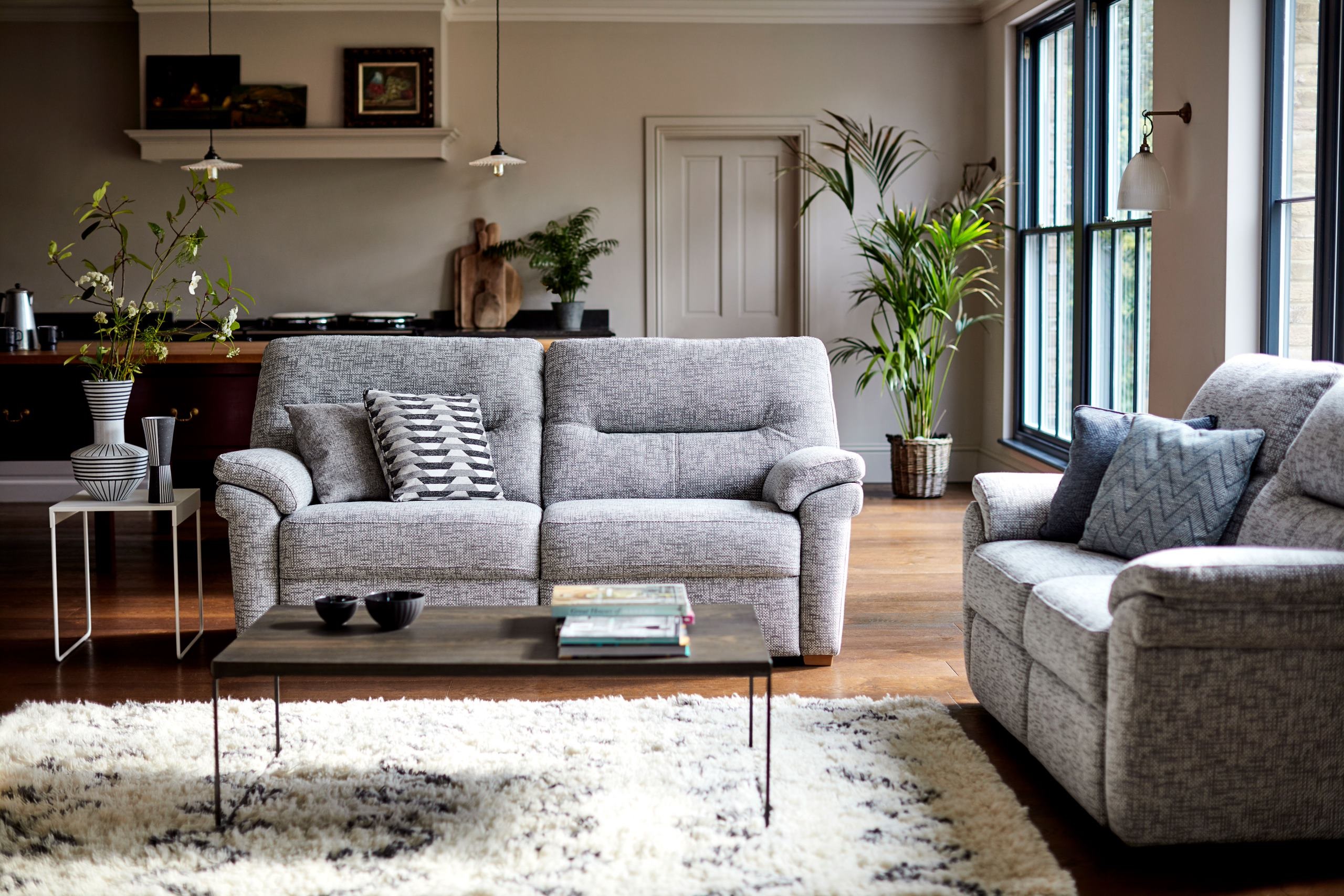 G Plan sofas in grey fabric displayed in a nicely decorated living room