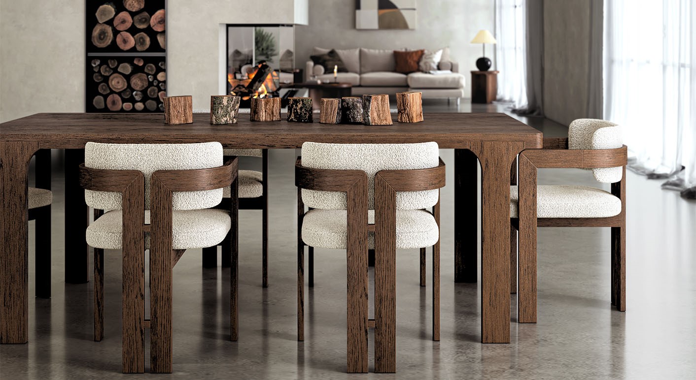 sonoma dark wooden dining set with boucle cream fabric chairs in an open plan neutral living space