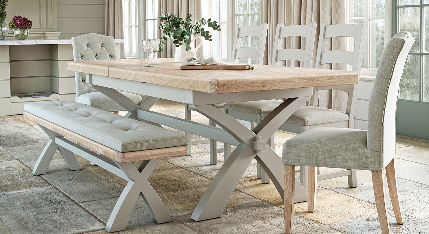 Salford oak and white dining table, bench & chair set in a modern country style dining room