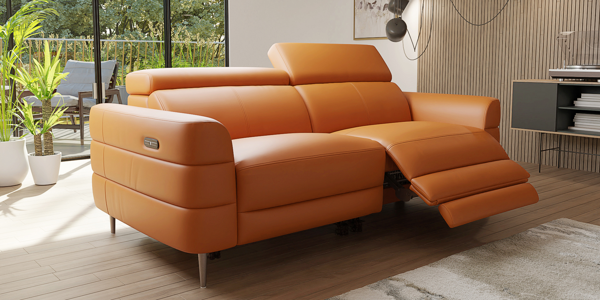A tan brown leather recliner sofa shown in a contemporary living room