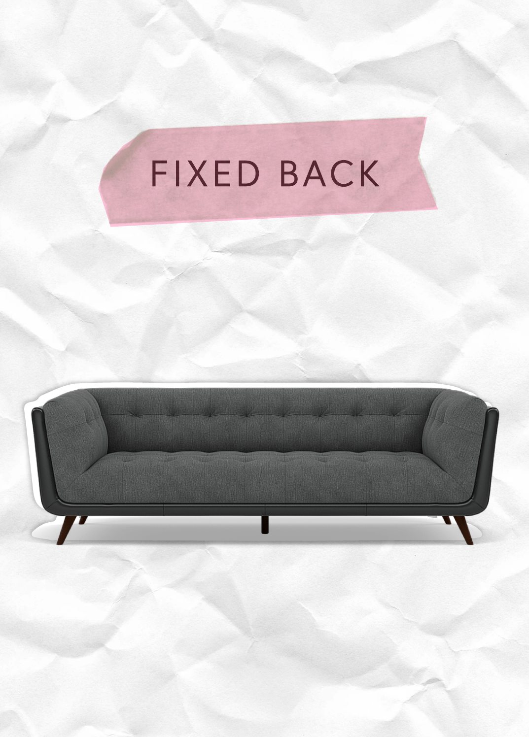 A dark grey sofa with a fixed back