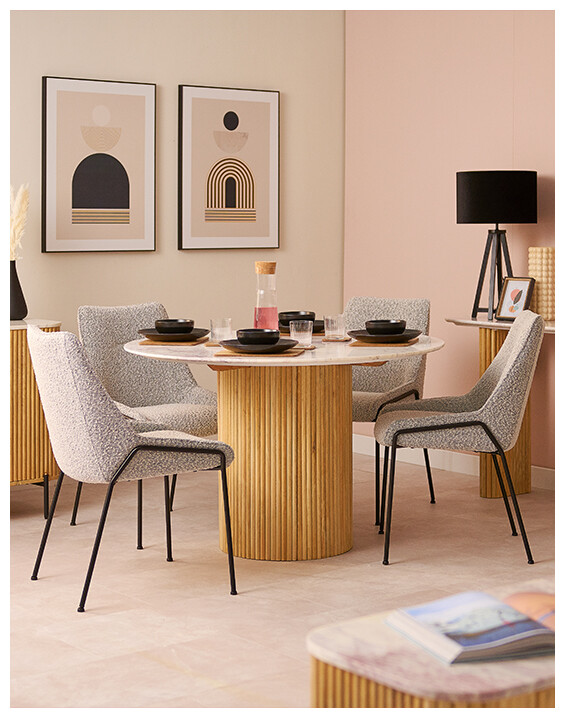 Aurora Dining Table & 4 Prism Chairs Set in a bright, pink-toned space.