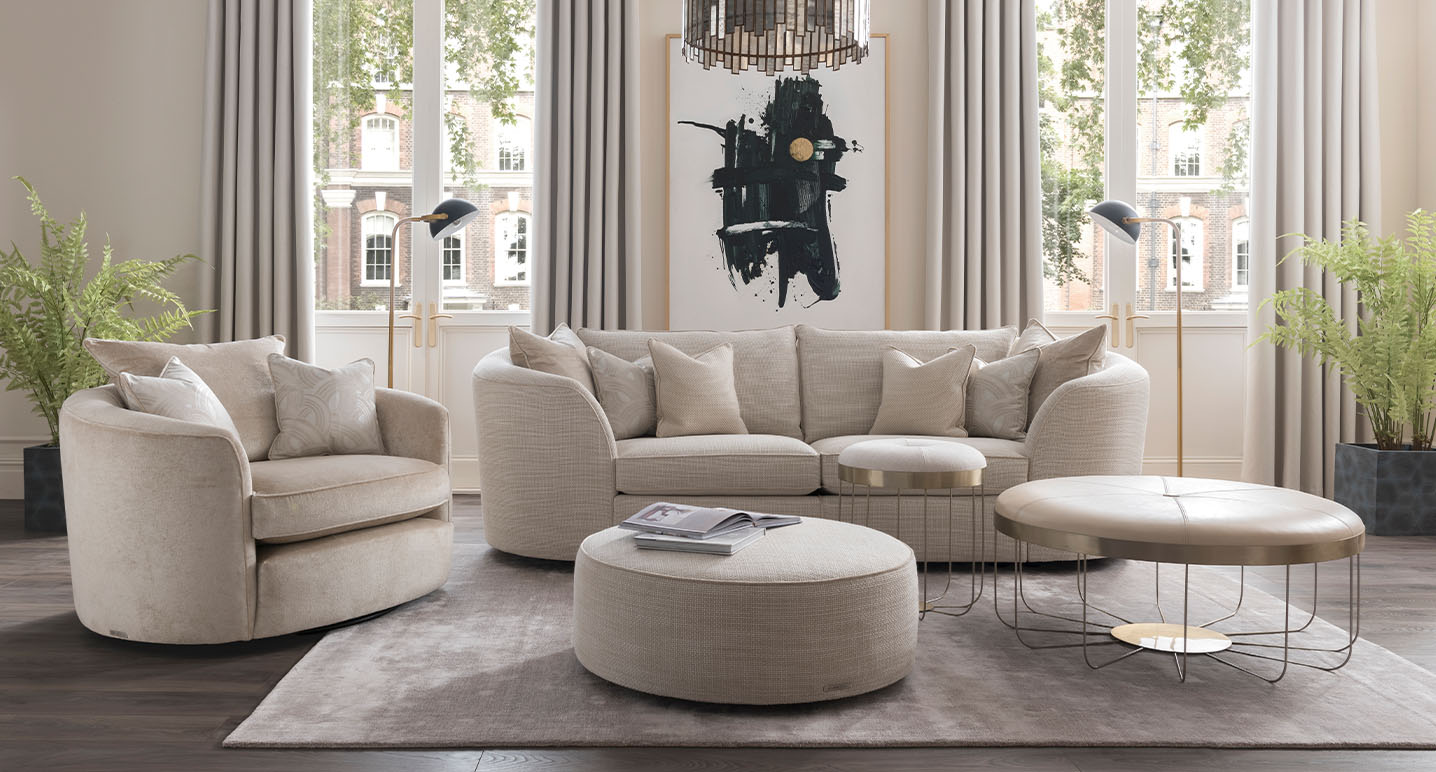 modern beige styled living room with duresta 2 seater sofa, armchair and footstool all in cream fabric