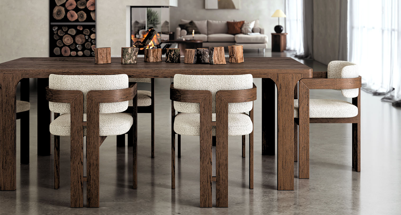 sonoma dark wooden dining set with boucle cream fabric chairs in an open plan neutral living space