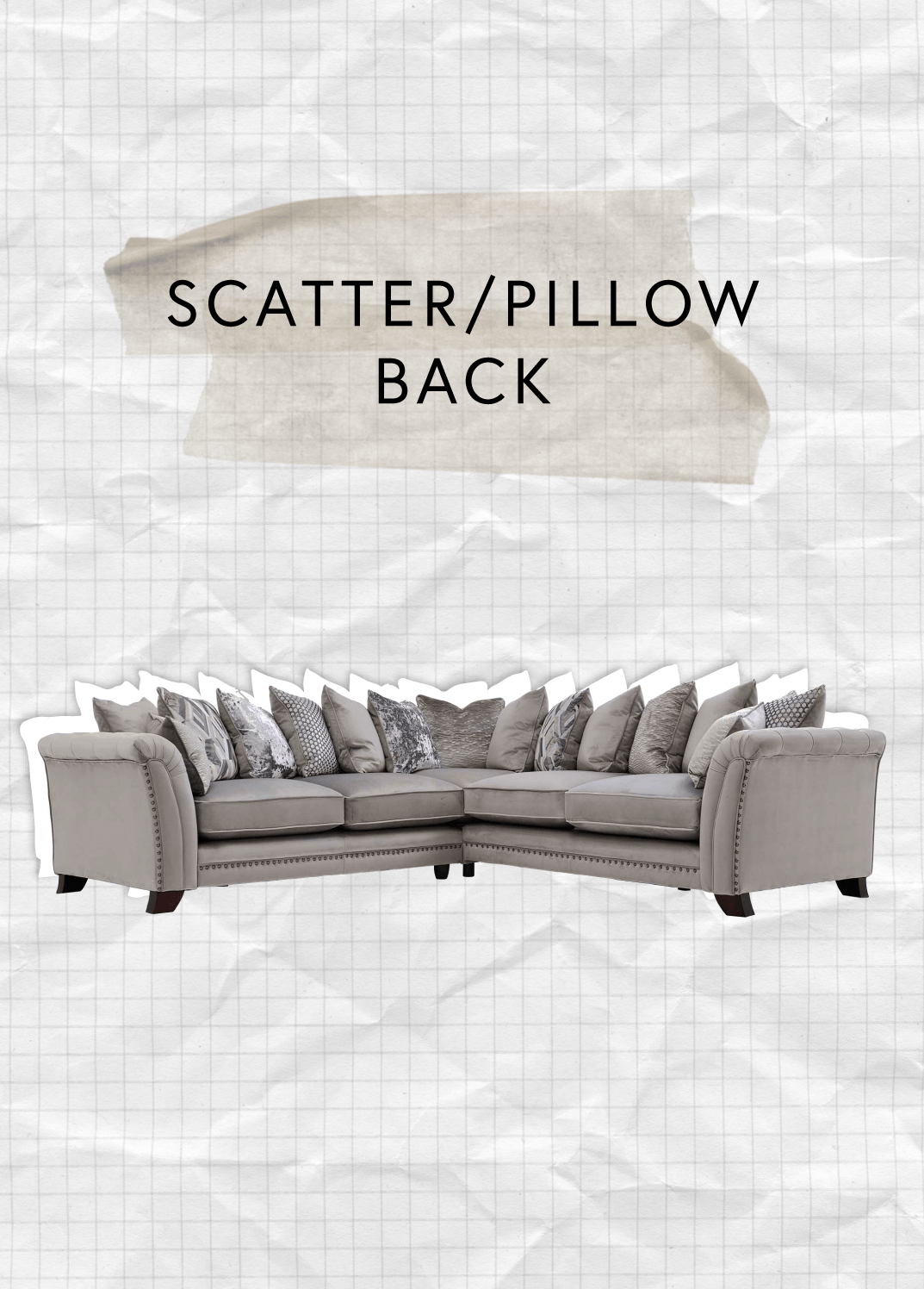 A grey velvet scatter pillow back corner sofa
