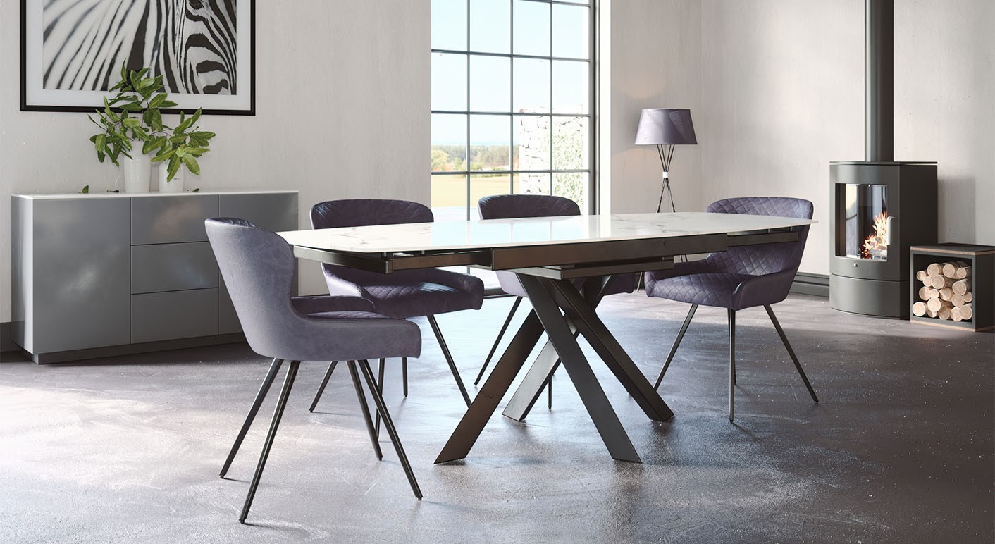 Avalon Dining set including 4 dark blue leather chairs and dining table in a modern setting