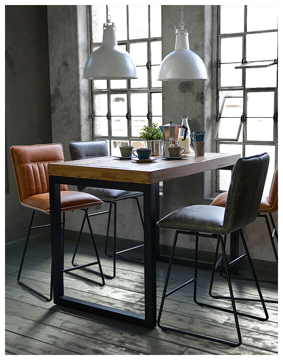 An image of the Detroit Bar Table with 4 Marx Bar Stools.