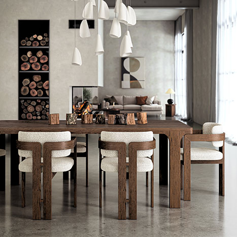 sonoma dark wooden dining set with boucle cream fabric chairs in an open plan neutral living space