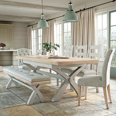 Salford oak and white dining table, bench & chair set in a modern country style dining room