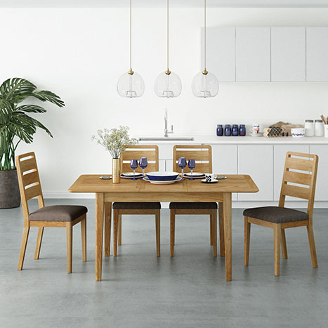 bexley modern oak dining set in a bright white kitchen